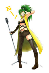 1girl armpit_peek belt black_belt black_bra black_gloves boots bra bracelet breasts brown_footwear brown_pants coat earrings elbow_gloves gloves green_eyes green_hair green_nails hair_ornament headphones holding holding_microphone_stand jewelry long_hair microphone microphone_stand multiple_belts nail_polish necklace open_clothes open_coat pants ponytail rao_ruki signature simple_background single_elbow_glove single_leg_pantyhose solo sonika star_(symbol) star_earrings star_hair_ornament star_necklace teeth underboob underwear vocaloid white_background yellow_coat