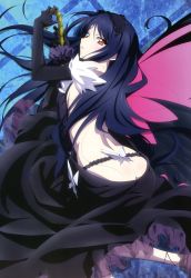 Rule 34 | 10s, 1girl, absurdres, accel world, ass, black dress, black gloves, black hair, blush, brown eyes, butt crack, butterfly wings, cane, dress, elbow gloves, female focus, gloves, hairband, highres, huge filesize, insect wings, kuroyukihime, long hair, looking at viewer, lying, nyantype, on side, parted lips, scan, solo, tabata hisayuki, wings