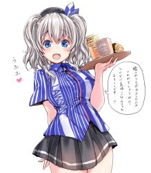 Rule 34 | 10s, 1girl, blue eyes, breasts, bulbonne, clerk, coffee, cup, doughnut, employee uniform, food, hat, highres, kantai collection, kashima (kancolle), large breasts, lawson, long hair, mug, open mouth, silver hair, solo, standing, translation request, tray, twintails, underwear, uniform