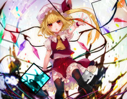 Rule 34 | 1girl, absurdres, ascot, black thighhighs, blonde hair, blunt bangs, blush, cowboy shot, crystal, daimaou ruaeru, flandre scarlet, frilled shirt collar, frills, hat, hat ribbon, highres, looking at viewer, mob cap, open mouth, petticoat, puffy short sleeves, puffy sleeves, red eyes, red ribbon, red skirt, red vest, ribbon, shirt, short sleeves, side ponytail, skirt, solo, thighhighs, touhou, vest, white shirt, wings, wristband