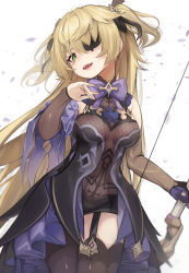 Rule 34 | 1girl, absurdres, black thighhighs, blonde hair, bow, bow (weapon), breasts, eyepatch, fischl (genshin impact), garter straps, genshin impact, green eyes, hair ribbon, has bad revision, has downscaled revision, highres, holding, holding bow (weapon), holding weapon, long hair, md5 mismatch, medium breasts, open mouth, purple bow, purple neckwear, resolution mismatch, revision, ribbon, solo, source smaller, thighhighs, torriet, two side up, weapon