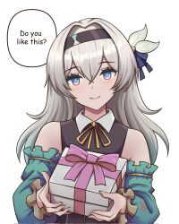 Rule 34 | 1girl, alternate costume, bare shoulders, black hairband, box, commentary, firefly (honkai: star rail), gift, grey hair, hair intakes, hairband, head tilt, highres, holding, holding box, honkai: star rail, honkai (series), junachi, long hair, long sleeves, looking at viewer, purple eyes, simple background, smile, solo, speech bubble, upper body, very long hair, white background
