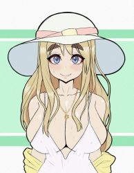 Rule 34 | 1girl, blonde hair, blue eyes, blush, breasts, cleavage, closed mouth, collarbone, dress, green background, hat, jewelry, k-on!, kotobuki tsumugi, large breasts, lips, long hair, looking at viewer, necklace, smile, solo, sweat, thick eyebrows, upper body, white dress, white hat, young savage