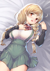 Rule 34 | 1girl, arm warmers, bed, bike shorts, black shorts, blanket, blush, bow, bowtie, braid, breasts, brown eyes, cloud hair ornament, commentary request, hair between eyes, hand on own chest, kantai collection, large breasts, light brown hair, long hair, looking at viewer, lying, minegumo (kancolle), open mouth, plaid, plaid bow, plaid bowtie, plaid neckwear, pleated skirt, red bow, red bowtie, red eyes, sakimori dan, school uniform, shirt, shorts, shorts under skirt, skirt, solo, suspenders, twin braids, white shirt