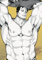 Rule 34 | 1boy, abs, absurdres, armpits, arms up, bara, beard, boku no hero academia, endeavor (boku no hero academia), facial hair, highres, looking at viewer, male focus, mature male, migi (mm86262394), muscular, muscular male, parted lips, pectorals, solo, spiked hair, stubble, teeth, undressing, upper body