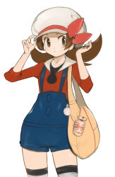 Rule 34 | 00s, 1girl, bag, bow, brown eyes, brown hair, cabbie hat, cellphone, creatures (company), game freak, handbag, hat, hat ribbon, highres, lyra (pokemon), nintendo, osaki, overalls, phone, pokegear, pokemon, pokemon hgss, red ribbon, ribbon, short twintails, simple background, smile, solo, thighhighs, twintails, white background, wosaki