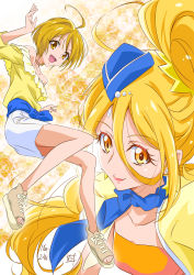 Rule 34 | 10s, 2018, 2girls, :d, ahoge, bad id, bad pixiv id, blonde hair, blue hat, blue neckwear, bow, collarbone, cure etoile, dated, floating hair, hair between eyes, hair ornament, hat, high ponytail, highres, hugtto! precure, jewelry, kagayaki homare, long hair, looking at viewer, mini hat, miniskirt, multiple girls, necklace, nii manabu, open mouth, precure, shirt, short hair, signature, skirt, smile, very long hair, waist bow, white skirt, yellow eyes, yellow shirt