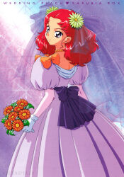 Rule 34 | 1990s (style), 1girl, ai tenshi densetsu wedding peach, bead necklace, beads, black eyes, bouquet, copyright name, dress, flower, gloves, hair flower, hair ornament, highres, holding, holding bouquet, jewelry, light smile, long hair, looking at viewer, looking back, necklace, non-web source, official art, puffy short sleeves, puffy sleeves, purple dress, red hair, retro artstyle, scan, scarlet ohara, short sleeves, solo, white gloves