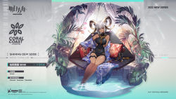 Rule 34 | 1girl, animal ears, arknights, black one-piece swimsuit, carnelian (arknights), carnelian (shimmering dew) (arknights), dark-skinned female, dark skin, grey hair, highres, horns, jewelry, looking at viewer, necklace, official art, one-piece swimsuit, red eyes, shoes, short hair, swimsuit, thigh strap