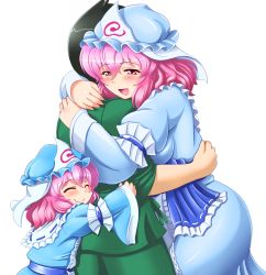 Rule 34 | 1boy, 2girls, age difference, artist self-insert, bad id, bad pixiv id, black hair, child, closed eyes, dual persona, family, girl sandwich, group hug, hat, hug, ko-yuyuko (shin&#039;en), mother and daughter, multiple girls, open mouth, pink hair, red eyes, saigyouji yuyuko, sandwiched, shin&#039;en-san (shin&#039;en), shin&#039;en (gyokuro company), short hair, simple background, smile, touhou, triangular headpiece, white background