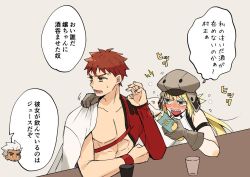 Rule 34 | 1girl, 2boys, archer (fate), arm around shoulder, artoria caster (fate), artoria caster (first ascension) (fate), artoria pendragon (fate), blonde hair, blush, bottle, commentary request, cup, drunk, emiya shirou, fate/grand order, fate (series), gloves, green eyes, grey eyes, grey gloves, grey headwear, hat, holding, holding bottle, igote, limited/zero over, misuko (sbelolt), multiple boys, rectangular mouth, red hair, senji muramasa (fate), sharp teeth, squeans, sweatdrop, teeth, translation request, v-shaped eyebrows, white hair, wristband, yellow eyes