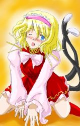 Rule 34 | 1girl, alice margatroid, blonde hair, blue eyes, blush, bow, cat, chen, chen (cosplay), cosplay, dress, eyebrows, fang, female focus, flx, frilled dress, frilled hairband, frills, hairband, long sleeves, multiple tails, one eye closed, open mouth, pink bow, pink hairband, puffy sleeves, red dress, red footwear, shirt bow, shoes, short hair, solo, tail, touhou