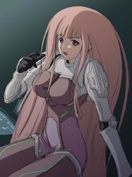 Rule 34 | 00s, 1girl, :o, arm support, blunt bangs, bodysuit, breasts, cowboy shot, elbow pads, ken marinaris, large breasts, long hair, looking at viewer, open mouth, pilot suit, pink hair, profile, purple eyes, red hair, shoulder pads, sidelocks, sitting, sketch, solo, turtleneck, very long hair, zoe2, zone of the enders, zone of the enders 2