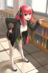Rule 34 | 1girl, absurdres, black cardigan, black ribbon, blue eyes, blunt bangs, blush, book, bookshelf, butterfly hair ornament, cardigan, collared shirt, commentary request, full body, go-toubun no hanayome, green skirt, hair ornament, hair ribbon, hand on own hip, highres, indoors, ishiyuki, jacket, long hair, nakano nino, open cardigan, open clothes, open jacket, open mouth, pink hair, pleated skirt, pointing, pointing to the side, revision, ribbon, school uniform, shirt, sidelocks, skirt, solo, teeth, thighhighs, white shirt, white thighhighs, window
