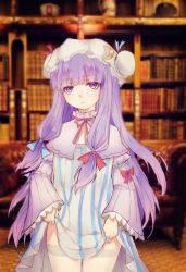 Rule 34 | 1girl, blurry, bookshelf, capelet, clothes lift, couch, crescent, dress, dress lift, hair ribbon, hat, heib, highres, indoors, long hair, long sleeves, looking at viewer, mob cap, patchouli knowledge, purple eyes, purple hair, ribbon, solo, striped clothes, striped dress, thighhighs, touhou, tress ribbon, white thighhighs, wide sleeves