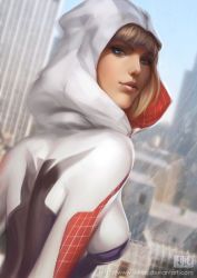 Rule 34 | 1girl, blonde hair, blue eyes, blunt bangs, bodysuit, breasts, building, city, day, dutch angle, from side, gloves, gwen stacy, hood, hooded bodysuit, lips, looking at viewer, looking back, marvel, outdoors, parted lips, realistic, short hair, signature, sky, skyscraper, solo, spider-gwen, spider-man (series), spider web print, superhero costume, upper body, watermark, web address, weijic
