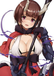 Rule 34 | + +, 1girl, blunt bangs, blush, breasts, broken horn, brown hair, commentary request, eriko (princess connect!), fur trim, gauntlets, highres, holding, holding polearm, holding spear, holding weapon, horns, large breasts, looking at viewer, open mouth, polearm, princess connect!, shaded face, short hair, simple background, smile, solo, spear, tail, wanimaru, weapon, white background
