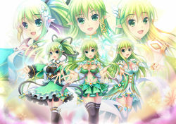 Rule 34 | 3girls, blush, breasts, cleavage, detached sleeves, dual persona, elsword, flower, grand archer (elsword), green eyes, green hair, hair flower, hair ornament, large breasts, long hair, long sleeves, looking at viewer, multiple girls, navel, night watcher (elsword), open mouth, pointy ears, ponytail, rena erindel, skirt, smile, thighhighs, tsukimi kirara, wind sneaker (elsword)