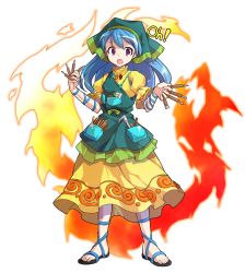 Rule 34 | 1girl, :d, alphes (style), apron, arm ribbon, between fingers, blue hair, blue ribbon, chisel, commentary request, dairi, dress, fire, flower, full body, green apron, haniyasushin keiki, head scarf, highres, holding, jewelry, long hair, looking at viewer, magatama, magatama necklace, necklace, open mouth, parody, pocket, puffy short sleeves, puffy sleeves, purple eyes, revision, ribbon, sandals, short sleeves, smile, solo, standing, style parody, tachi-e, tools, touhou, transparent background, yellow dress