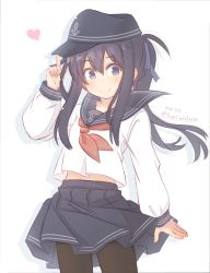 Rule 34 | 1girl, akatsuki (kancolle), alternate hairstyle, anchor symbol, black hair, black hat, black pantyhose, black sailor collar, black skirt, blush, closed mouth, commentary request, dated, flat cap, floating hair, fujisaki yuu, hair between eyes, hand up, hat, heart, index finger raised, kantai collection, long hair, long sleeves, looking at viewer, midriff peek, navel, neckerchief, one-hour drawing challenge, pantyhose, pleated skirt, ponytail, purple eyes, red neckerchief, sailor collar, school uniform, serafuku, shirt, skirt, smile, solo, twitter username, very long hair, white background, white shirt