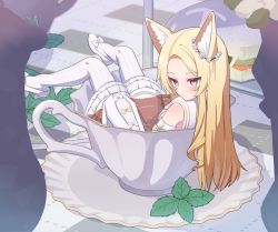 Rule 34 | 1girl, animal ears, blonde hair, blue archive, breasts, cup, dress, food, fox ears, hair ornament, kakido (hatisaka28), long hair, pantyhose, red eyes, sandwich, seia (blue archive), shoes, small breasts, striped clothes, striped legwear, striped pantyhose, table, tea, teacup, vertical-striped clothes, vertical-striped pantyhose, wet, wet clothes, white pantyhose