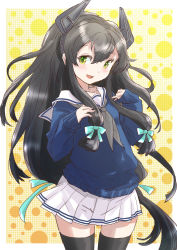 Rule 34 | 1girl, adapted costume, black hair, black thighhighs, blue sweater, commentary request, fuji (pixiv24804665), green eyes, grey neckerchief, hair ribbon, headgear, highres, i-47 (kancolle), kantai collection, long hair, looking at viewer, low-tied long hair, neckerchief, pleated skirt, ribbon, sailor collar, sidelocks, skirt, solo, standing, sweater, thighhighs, tress ribbon, white sailor collar, white skirt, zettai ryouiki