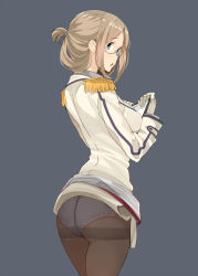 Rule 34 | 10s, 1girl, amami amayu, ass, black pantyhose, brown hair, clipboard, crotch seam, epaulettes, folded ponytail, from behind, glasses, green eyes, jacket, kantai collection, katori (kancolle), lingerie, military, military uniform, panties, panties under pantyhose, pantyhose, parted bangs, simple background, solo, underwear, uniform