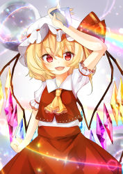 Rule 34 | 1girl, absurdres, arm above head, arm at side, ascot, backlighting, blonde hair, bubble, commentary, commentary request, cowboy shot, crystal, flandre scarlet, hand on own hip, hat, hat ribbon, highres, holding, kuraudo, lens flare, looking at viewer, mob cap, open mouth, prism, puffy short sleeves, puffy sleeves, rainbow, red eyes, red skirt, red vest, ribbon, shirt, short hair, short sleeves, side ponytail, skirt, slit pupils, smile, solo, symbol-only commentary, touhou, vest, white shirt, wing collar, wings, yellow ascot