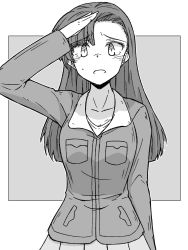 Rule 34 | 1girl, absurdres, asymmetrical bangs, border, chi-hatan military uniform, commentary request, frown, girls und panzer, greyscale, highres, jacket, long hair, long sleeves, looking at viewer, military, military uniform, monochrome, nishi kinuyo, open mouth, outside border, partial commentary, pleated skirt, renshiu, salute, shirt, skirt, solo, standing, sweatdrop, uniform