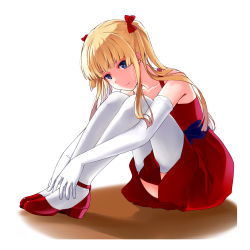 Rule 34 | 1girl, blonde hair, blue bow, blue eyes, bow, closed mouth, clothes between thighs, collarbone, dress, elbow gloves, full body, gloves, hair bow, high heels, highres, long hair, mizuki (mizuki ame), pumps, red bow, red dress, red footwear, saenai heroine no sodatekata, sawamura spencer eriri, short dress, simple background, sitting, sleeveless, sleeveless dress, solo, thighhighs, twintails, very long hair, white background, white gloves, white thighhighs