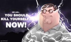 Rule 34 | 1boy, absurdres, brown hair, collared shirt, commentary, double chin, electricity, english commentary, english text, family guy, fat, fat man, highres, kowai (iamkowai), male focus, meme, peter griffin, portrait, shirt, short hair, solid eyes, solo, twitter username, white eyes, white shirt, you should kill yourself now (meme)