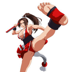Rule 34 | 1girl, absurdres, barefoot, breasts, bridal gauntlets, brown hair, hand fan, fatal fury, feet, fighting stance, highres, japanese clothes, kicking, kuroi ohagi, long hair, ninja, ponytail, shiranui mai, sideboob, snk, soles, the king of fighters, toeless legwear, toes