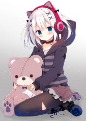 Rule 34 | 1girl, :o, animal ear headphones, animal ears, animal hood, black bow, black footwear, black jacket, black pantyhose, blue eyes, blush, boots, bow, brown choker, brown skirt, cat ear headphones, cat ears, cat hood, choker, collarbone, commentary request, cross-laced footwear, fake animal ears, fingernails, gradient background, grey background, grey shirt, hair between eyes, hair bow, hair ornament, head tilt, headphones, hood, hood down, hooded jacket, izumiyuhina, jacket, lace-up boots, long sleeves, looking at viewer, original, pantyhose, parted lips, pleated skirt, seiza, shirt, sidelocks, silver hair, sitting, skirt, sleeves past wrists, solo, striped clothes, striped jacket, stuffed animal, stuffed toy, teddy bear, white background, x hair ornament