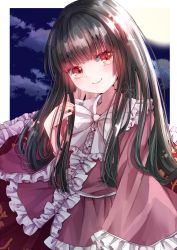 Rule 34 | 1girl, blush, breasts, cloud, cloudy sky, commentary request, frilled skirt, frilled sleeves, frills, hair between eyes, hime cut, houraisan kaguya, jaku sono, japanese clothes, long hair, long sleeves, looking to the side, moon, night, night sky, pink shirt, red eyes, red skirt, shirt, skirt, sky, small breasts, smile, solo, touhou, wide sleeves