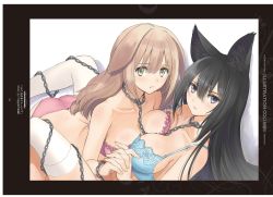Rule 34 | 2girls, absurdres, animal ear fluff, animal ears, ass, bare shoulders, black hair, blue eyes, blush, bra, breast press, breasts, brown hair, butt crack, cat ears, chain, collarbone, dog ears, fingernails, green eyes, guilty princess, highres, interlocked fingers, long hair, looking at viewer, medium breasts, multiple girls, non-web source, panties, parted lips, simple background, thighhighs, tony taka, underwear, white background, white legwear