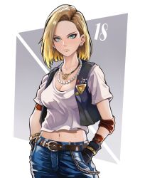 Rule 34 | 1girl, android 18, belt, black vest, blonde hair, blue eyes, breasts, chain, cleavage, denim, dragon ball, dragonball z, earrings, elbow pads, gloves, hands in pockets, highres, jeans, jewelry, looking at viewer, medium breasts, medium hair, midriff peek, necklace, pants, pearl necklace, shirt, solo, to-ru, vest, white shirt