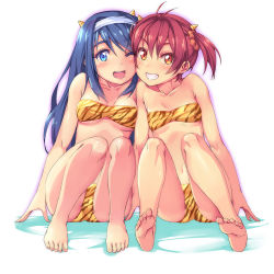 Rule 34 | 2girls, ;d, animal print, barefoot, bikini, blue eyes, blue hair, blush, breasts, cheek-to-cheek, cleavage, collarbone, feet, futaba aoi (vividred operation), grin, hair ornament, hair scrunchie, hairband, heads together, highres, horns, isshiki akane, legs, long hair, michairu, multiple girls, one eye closed, oni, open mouth, red eyes, red hair, scrunchie, small breasts, smile, soles, swimsuit, tiger print, toes, twintails, vividred operation, wink