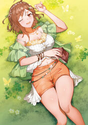 Rule 34 | 1girl, atelier (series), atelier ryza, atelier ryza 3, blush, book, brown eyes, brown hair, bug, butterfly, highres, holding, holding book, insect, looking at viewer, lying, navel, official art, on back, one eye closed, open book, reisalin stout, shorts, solo, stomach, toridamono