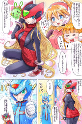 Rule 34 | 1boy, 3girls, alouette (mega man), alternate costume, android, backless dress, backless outfit, blonde hair, blue eyes, blunt bangs, blush, bodystocking, breasts, ciel (mega man), comic, commentary request, cyber elf x (mega man), cyber elf (mega man), dress, genderswap, genderswap (mtf), green eyes, heart, helmet, highres, kiwakiwa, long hair, mega man (series), mega man zero (series), meme attire, multiple girls, open mouth, red sweater, ribbed sweater, smile, speech bubble, sweater, sweater dress, text focus, thumbs up, translated, x (mega man), zero(z) (mega man), zero (mega man)