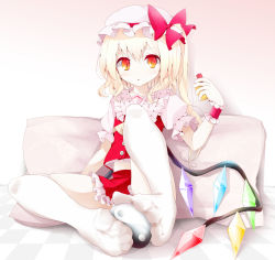 Rule 34 | 1girl, bad id, bad pixiv id, ball, blonde hair, bow, checkered floor, crystal, embodiment of scarlet devil, feet, female focus, flandre scarlet, frilled skirt, frills, full body, gradient eyes, hair bow, hat, highres, midriff, miniskirt, mob cap, multicolored eyes, oouso, orange eyes, red eyes, red skirt, side ponytail, sitting, skirt, skirt set, solo, thighhighs, touhou, white thighhighs, wings, wrist cuffs, yin yang