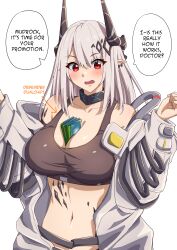 Rule 34 | 1girl, absurdres, arknights, bare shoulders, between breasts, black choker, breasts, choker, cleavage, commentary, crop top, hands up, highres, horns, infection monitor (arknights), large breasts, long hair, long sleeves, looking at viewer, material growth, midriff, mudrock (arknights), navel, off shoulder, open clothes, open mouth, oripathy lesion (arknights), pointy ears, red eyes, simple background, solo, speech bubble, sports bra, stomach, symmetricturd, upper body, very long hair, white background, white hair