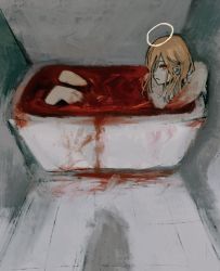 Rule 34 | 1boy, angel devil (chainsaw man), angel wings, bath, bath of blood, bathtub, blood, bloody wings, brown hair, chainsaw man, closed mouth, collarbone, halo, highres, indoors, inuo (inuo x), light brown hair, looking at viewer, male focus, nude, red eyes, sketch, solo, tile floor, tiles, wings