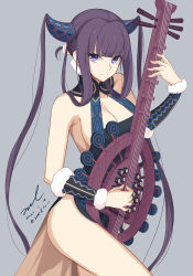 Rule 34 | 1girl, arm warmers, armpits, bare shoulders, biwa lute, black dress, breasts, cleavage, dated, dress, fate/grand order, fate (series), hair ornament, highres, holding, holding instrument, instrument, long hair, looking at viewer, lute (instrument), medium breasts, pelvic curtain, purple eyes, purple hair, signature, smile, solo, thighs, twintails, twitter username, unel, very long hair, yang guifei (fate), yang guifei (second ascension) (fate)