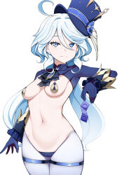 Rule 34 | 1girl, absurdres, ahoge, ascot, black ascot, black gloves, blue eyes, blue hair, blue hat, breasts, closed mouth, furina (genshin impact), genshin impact, gloves, hair between eyes, hat, highres, light blue hair, limelam06, long hair, looking at viewer, meme attire, navel, revealing clothes, reverse bunnysuit, reverse outfit, small breasts, solo, top hat, white background