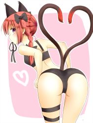 Rule 34 | 1girl, animal ears, ass, bent over, bikini, black bikini, bow, braid, cat ears, cat tail, extra ears, from behind, hair bow, heart, heart tail, heart tail duo, highres, indo (mdtanaka2007), kaenbyou rin, looking at viewer, looking back, mouth hold, multiple tails, nekomata, pink eyes, red hair, ribbon in mouth, solo, swimsuit, tail, thigh strap, touhou, twin braids