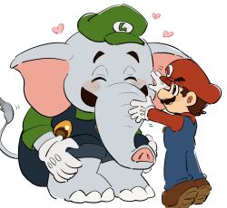 Rule 34 | 2boys, animal ears, barefoot, blue eyes, blue overalls, brothers, brown footwear, brown hair, cabbie hat, elephant boy, elephant ears, elephant luigi, elephant tail, facial hair, gloves, hat, heart, height difference, highres, luigi, male focus, mario, mario (series), mimimi (mimimim9999), multiple boys, mustache, nintendo, overalls, shoes, siblings, super mario bros. wonder