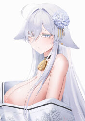 Rule 34 | 1girl, absurdres, ahoge, animal ears, areola slip, bare shoulders, bell, black choker, breasts, choker, cleavage, commentary, cowbell, droopy ears, english commentary, first one14, flower, from side, hair between eyes, hair flower, hair ornament, highres, huge breasts, japanese clothes, kimono, looking at viewer, original, puffy nipples, solo, upper body, white background, white eyes, white flower, white hair, white kimono, white theme