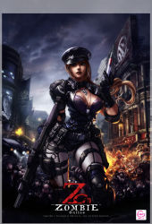Rule 34 | 1girl, absurdres, blue eyes, breasts, brown hair, buckle, city, cleavage, gun, hat, highres, jewelry, large breasts, long hair, necklace, rifle, shoulder pads, solo, syringe, watermark, weapon, zombie, zombie online