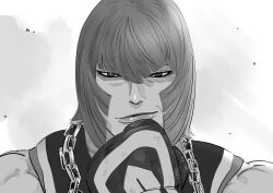 Rule 34 | 1girl, chain, chain necklace, commentary request, eyebrows hidden by hair, fingerless gloves, gloves, greyscale, highres, jewelry, marisa (street fighter), mma gloves, monochrome, muscular, muscular female, necklace, portrait, shirokuro ookami, short hair, smile, smug, solo, street fighter, street fighter 6