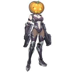 Rule 34 | 1girl, armlet, armor, artist request, black armor, black footwear, black gloves, black leotard, black sleeves, boots, breasts, center opening, cleavage, cleavage cutout, clothing cutout, detached sleeves, dual wielding, full body, girls&#039; frontline, gloves, gun, halloween, halloween costume, holding, holding gun, holding weapon, jack-o&#039;-lantern, large breasts, leg armor, leotard, navel, official alternate costume, official art, pale skin, pantyhose, pumpkin on head, ripper (girls&#039; frontline), sangvis ferri, science fiction, solo, standing, submachine gun, thigh boots, transparent background, trigger discipline, weapon